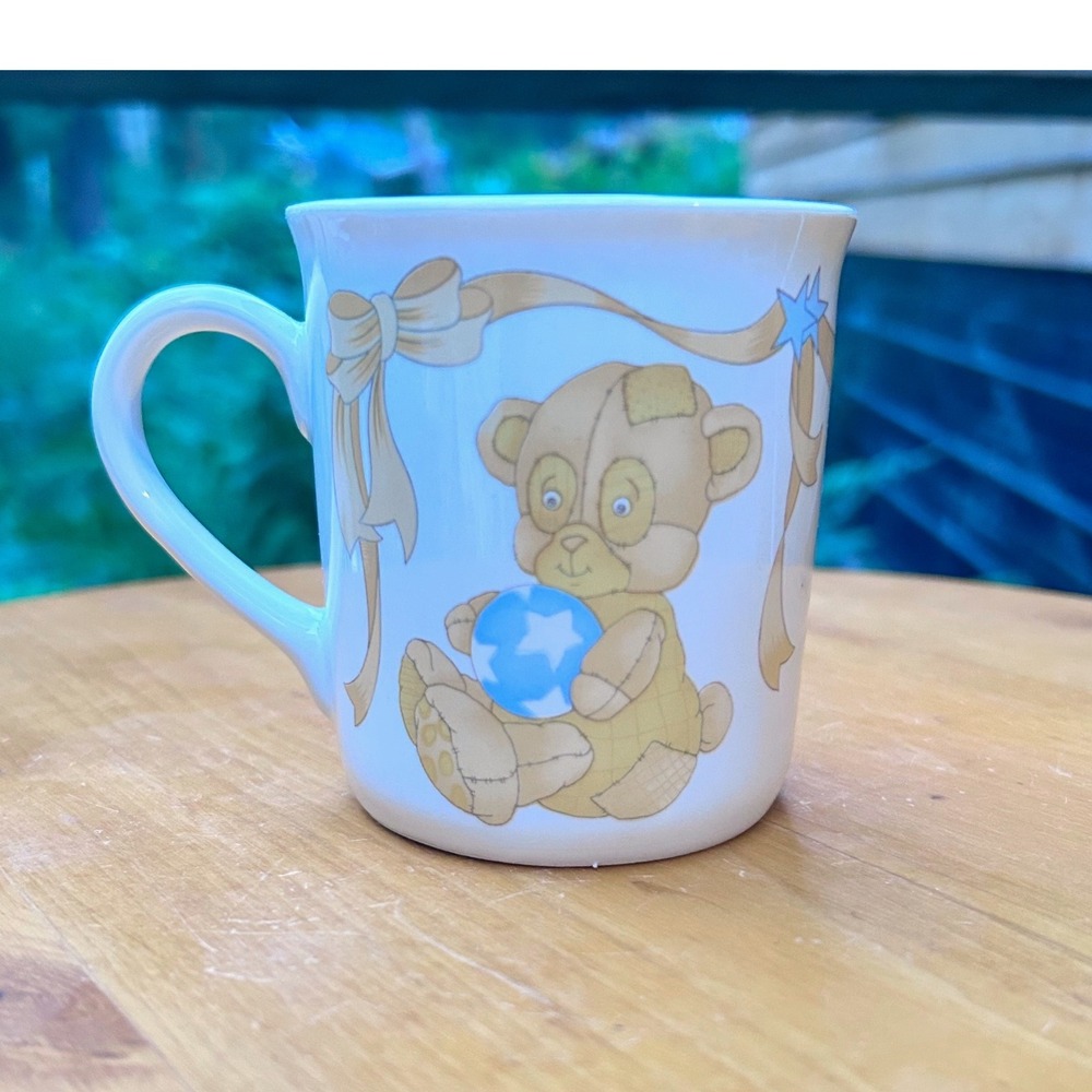 Vintage Teddy Bear Mug Small White Pastel Ceramic 1995 Coffee Cup Retro Kitsch
